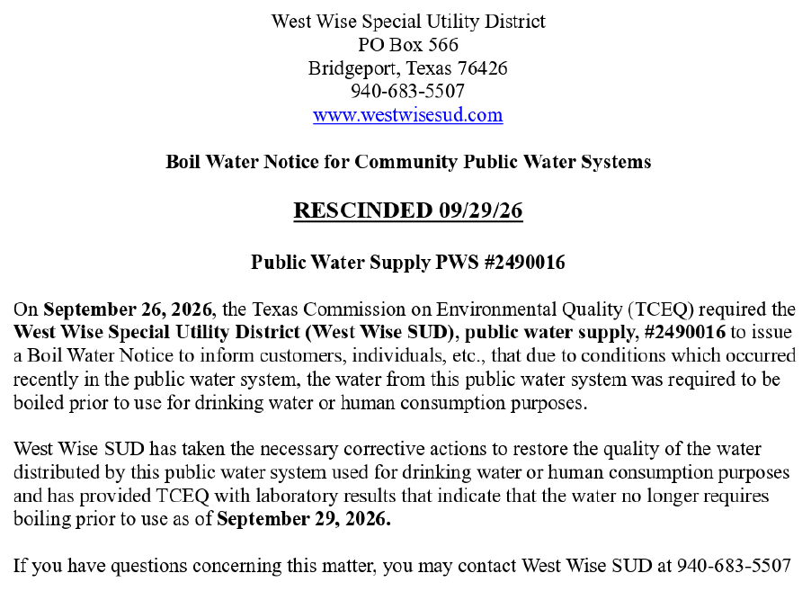 West Wise Boil Water Notice - Rescinded - 9.29.26
