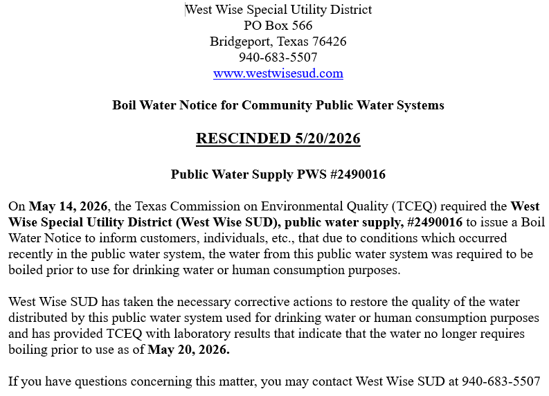 West Wise Boil Water Notice 5.14.26 - Rescinded