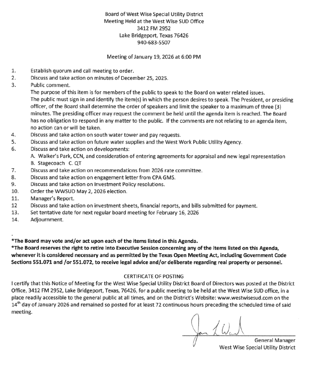 Board Meeting Agenda 1/19/26 