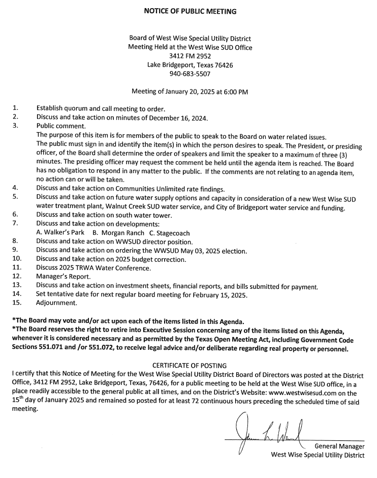 Board Meeting Agenda 1/20/25