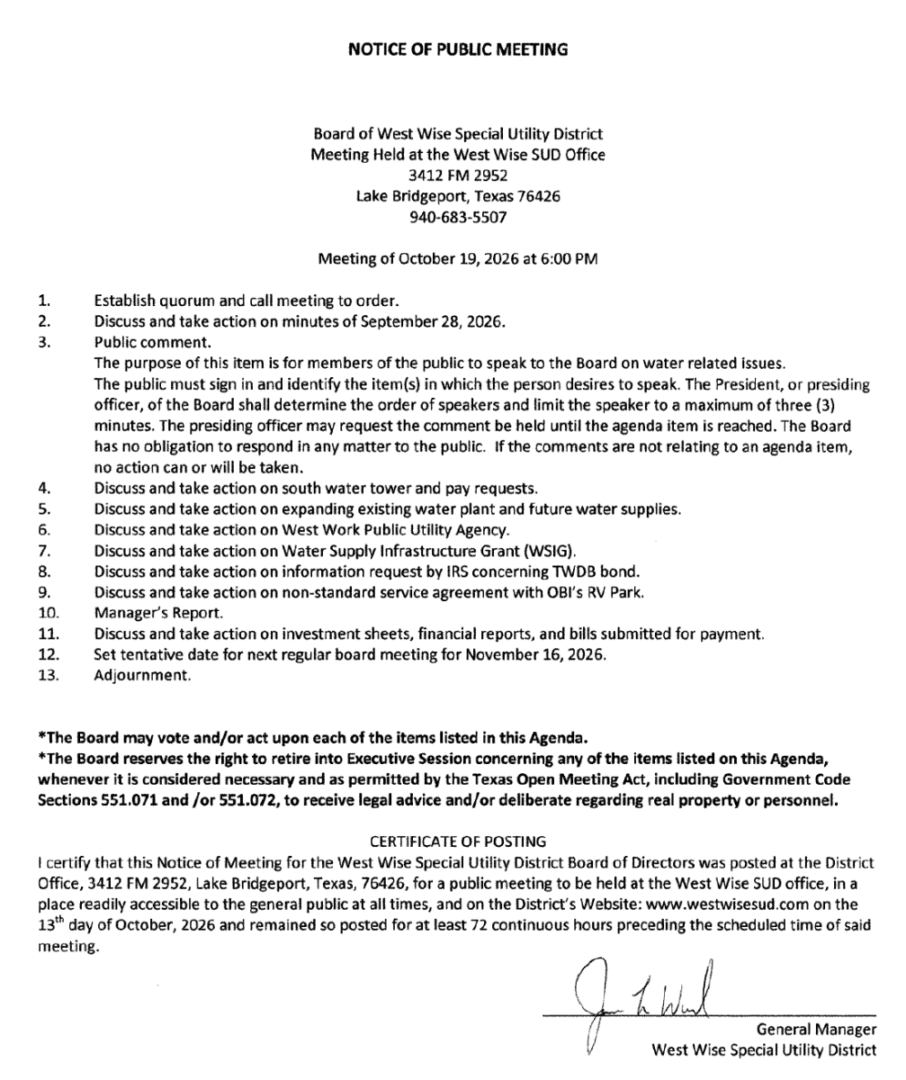 Board Meeting Agenda 10/19/26