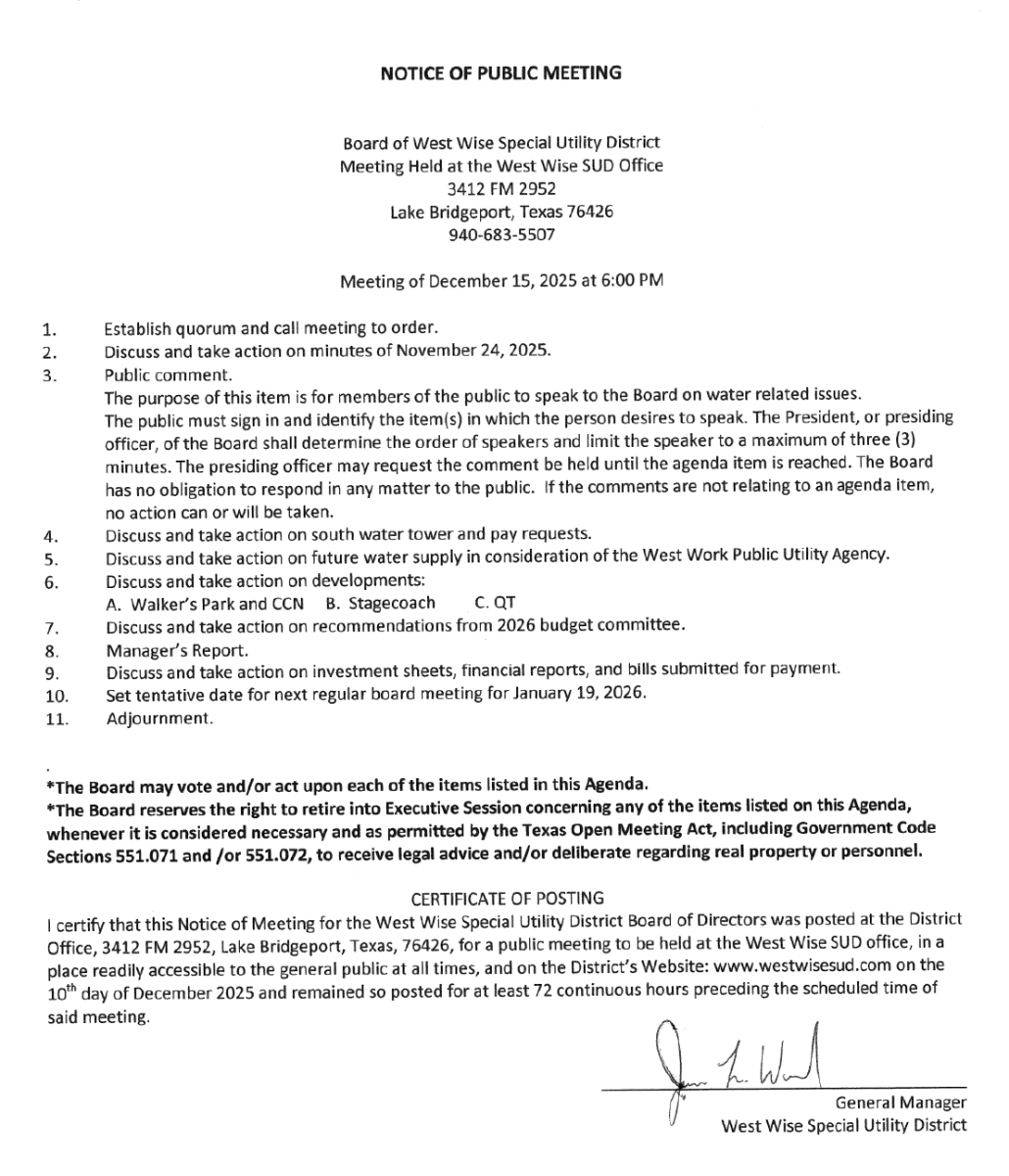 Board Meeting Agenda 12/15/25