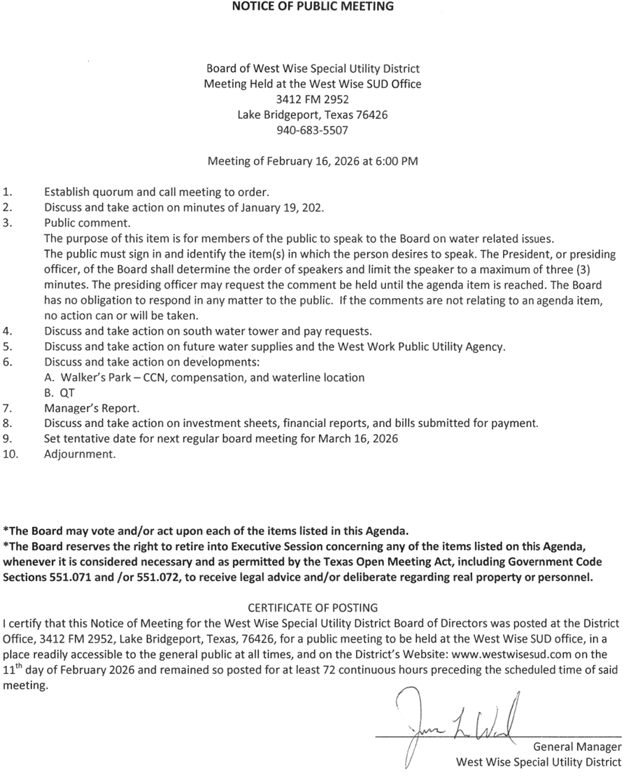 Board Meeting Agenda 2/16/26