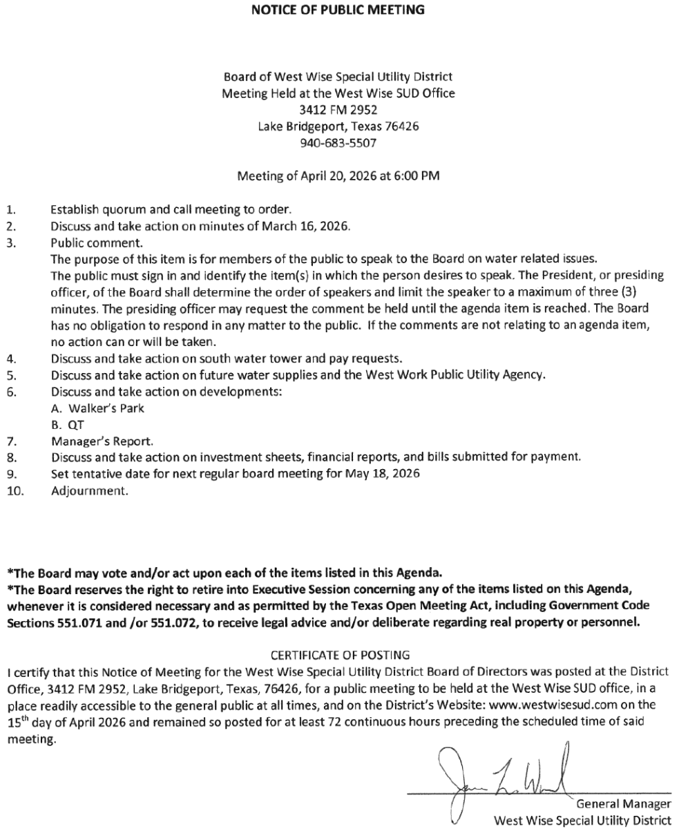 Board Meeting Agenda 4/20/26