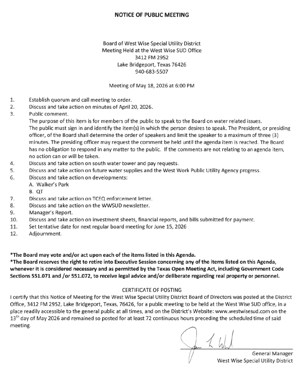 Board Meeting Agenda 5/18/26