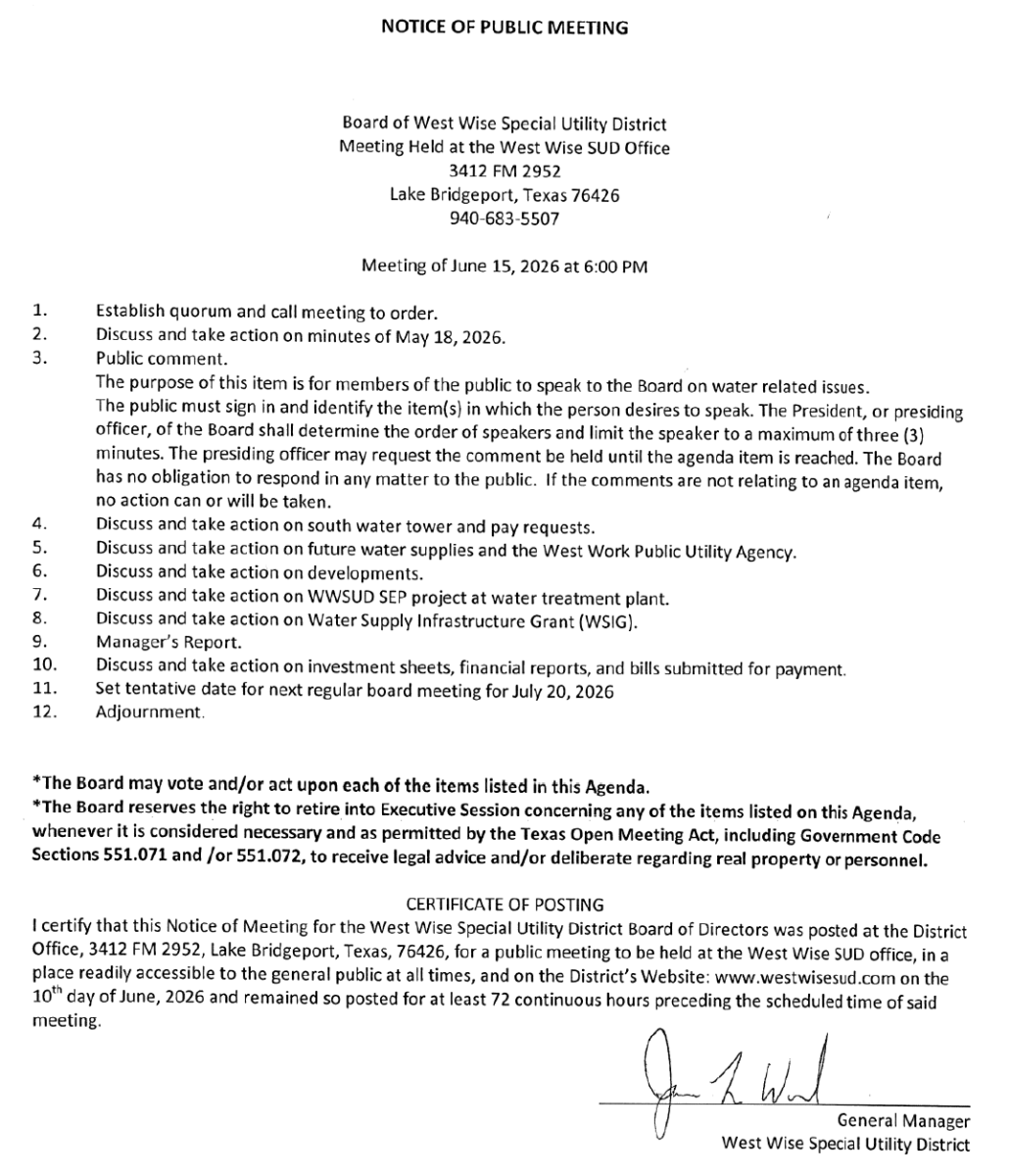 Board Meeting Agenda 6/15/26